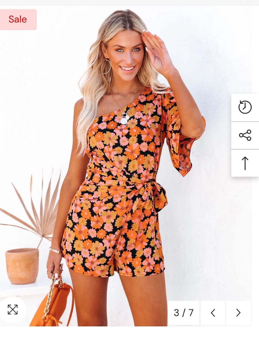 VICI Orange Floral One-Shoulder Tie Romper Size Small